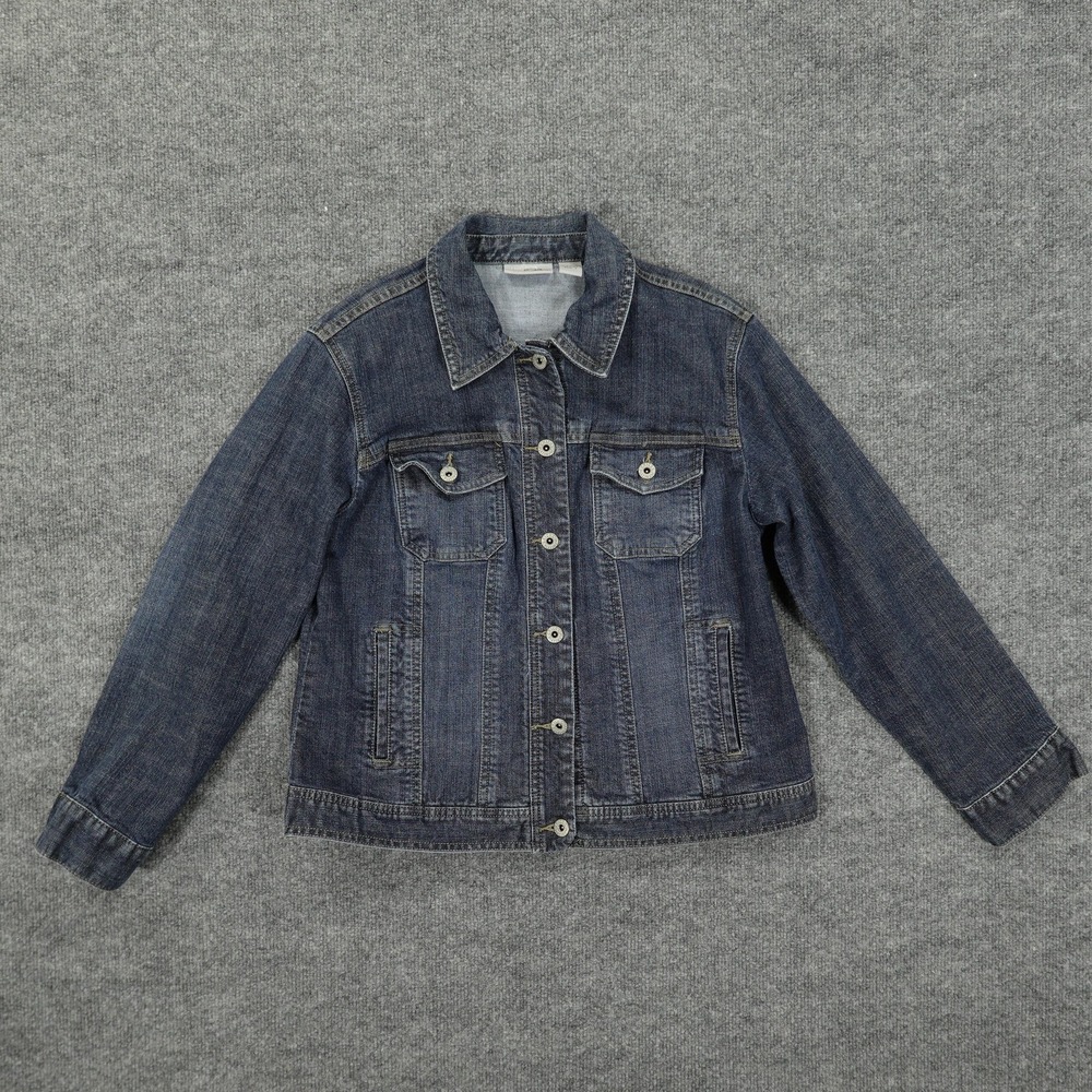 Chicos Platinum Jacket Womens Size 1 Blue Denim Trucker Button Front Stretch